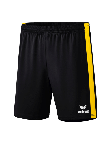Kurze Hose, Shorts, Sportshorts, Schwarz mit Gelbstreifen, Erima Logo, shorts, athletische Hosen, schwarz, gelber Streifen, Logo, kurz, sportshorts, schwarze shorts, gelbe streifen, sportbekleidung, horts, athletisch, schwarz, gelber Streifen, erima-Logo,