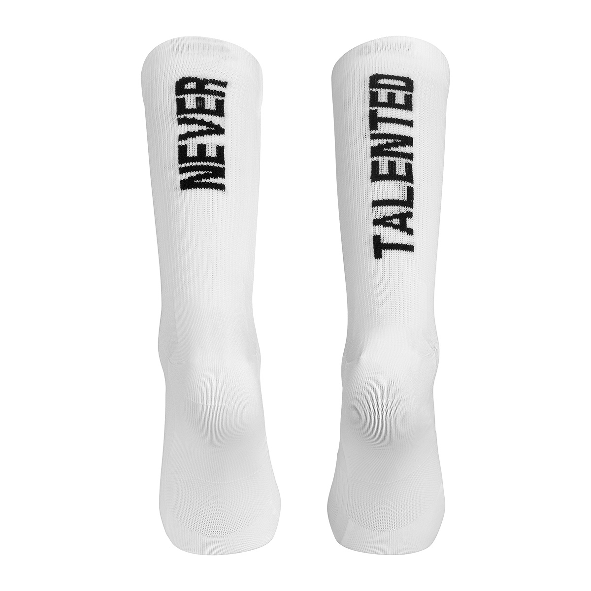 Socken, Knöchel, Weiß, Text, TALENTE, Socken, Kniesocken, Weiß, Text-Aufdruck, Logo-Text, Socken, Kniehöhe, Weiß, Textlogo, Stretchmaterial, socks, crew socks, white, calf-length, text print, Socken, Kniehoch, Weiß, Schwarz Schrift, Sockenband?